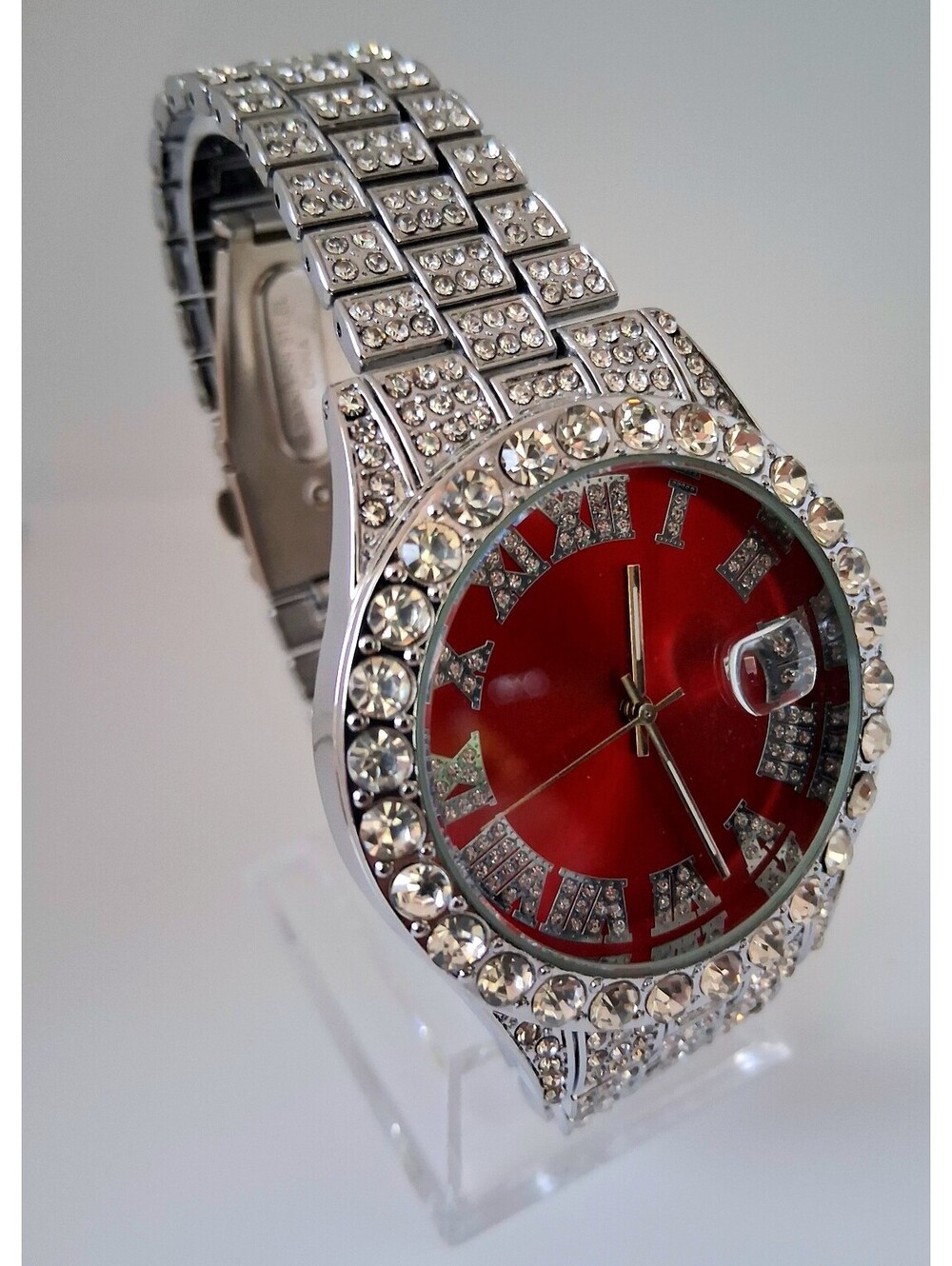 New Men's Ruby Red Paved Fashion Date Watch